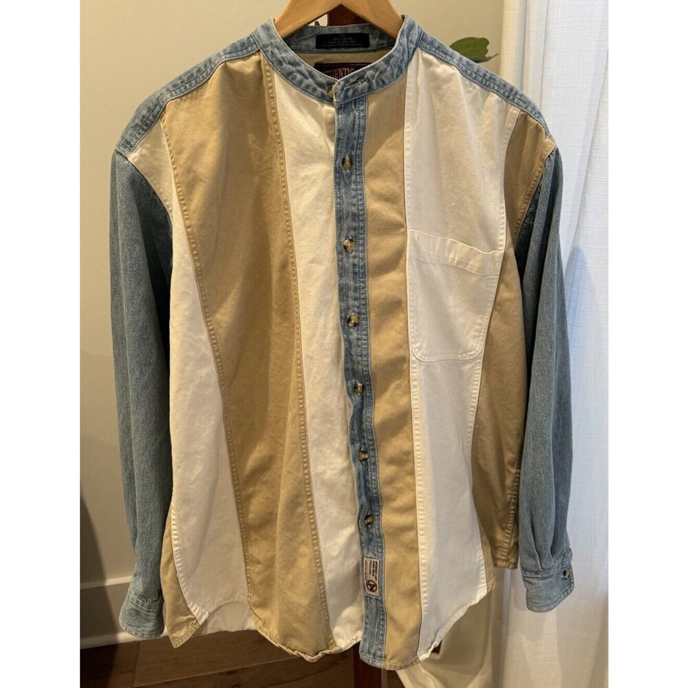 Vtg 90’s Authentic GFC Jeans Large Striped Collarless Button Up Long Sleeve, Med